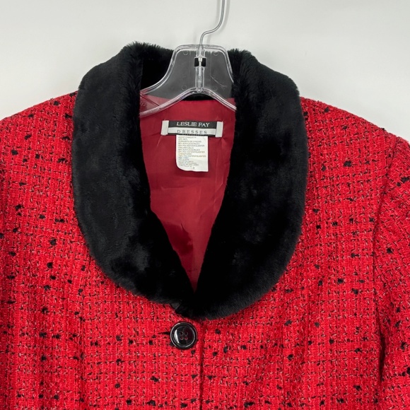 Leslie Fay Womens Size 12 Blazer Jacket Red Black White Tweed Faux Fur Collar - Picture 2 of 9
